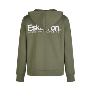 Rückseite der olivgrünen Eskadron Herren Sweatjacke Classic Sports Fanatics FS25 mit auffälligem Eskadron-Schriftzug, ideal für Reitsportfans.