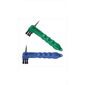 HAAS Hufkratzer Joker in Grün und Blau mit festen Borsten und stabiler Metallklinge zur effektiven Hufreinigung bei Pferden.