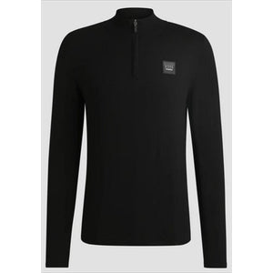 BOSS Herren Equestrian Pullover - Rouven Zip in Schwarz mit Stehkragen und Logo-Patch, perfekte Wahl für stilvolle Winter-Oberbekleidung.