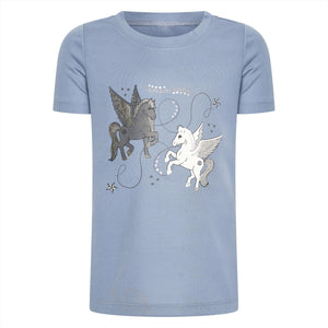 Blaues Imperial Riding Kinder T-Shirt mit glitzernden Pferden, Pikeestoff und stylischem Design – perfekte Kinderoberbekleidung für Reitfans.