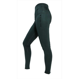 Reitleggings Livia Fullgrip ohne Knienaht in Dunkelgrün mit hohem Bund und Silikongrip. Seitliche Handytasche für praktischen Komfort beim Reiten.