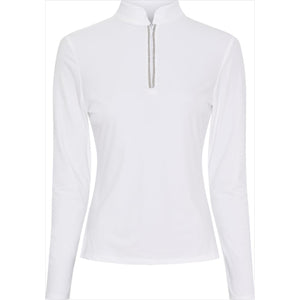 Catago Vinica Langarm Turniershirt - Eleganz und Komfort in Weiß mit Strassdetails am Reißverschluss. Ideal für Reiterinnen im Turnier.