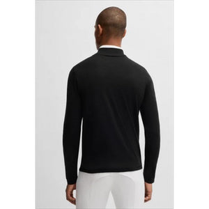 Rückansicht des BOSS Herren Equestrian Zip Pullovers Rouven in Schwarz, schlichtes Design mit optimalem Sitz für sportliche Wintermode.