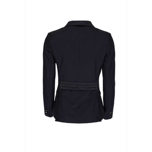 Rückseite des Kingsland Turniersakkos Softshell Strass in Dunkelblau mit dekorativen Strassdetails. Funktionales Design für Reitsportbekleidung.