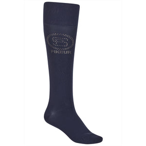 Dunkelblaue PIKEUR Reitsocken Sports mit glitzerndem Logo und elastischem Bund. Ideal als bequeme Kniestrümpfe für Reiterinnen im Winter 2026.