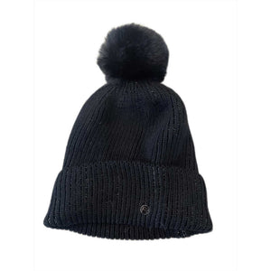 euro-star Mütze ESLucilla aus der Winterkollektion 2024 in Schwarz mit Bommel. Hochwertige Strickmütze aus Viscose, Polyester, Polyamide und Wolle.