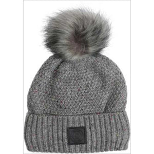 Strickmütze Lira Glitter mit Bommel in Grau von Equipage mit abnehmbarem Kunstfell-Bommel und Glitzerfäden, ideal für Reiter im Winter 2024.