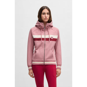Damen Sweatjacke BOSS Equestrian in Rosa mit Kapuze, Kontraststreifen und Logo-Patch, ideal für Reiterinnen und Freizeitmode.