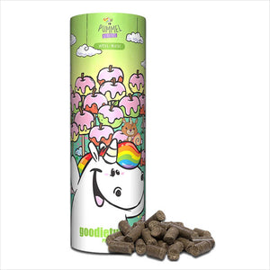 Speed Apfel Wiese Leckerlis in bunter Pummeleinhorn-Goodietube, getreidefreie Pferdeleckerlis mit Apfeltrester, 1000g Packung für Stallpflege.