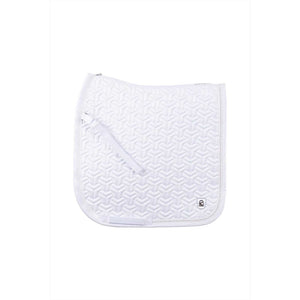 Weiße Cavallo Dressurschabracke Cool Comfort mit funktionalem Mesh-Innenfutter, perfekt für stilvolle Sommerausritte 2024.