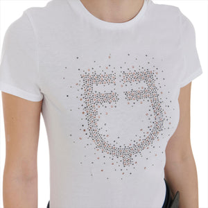 Detailansicht des Equestro T-Shirts mit pinkem Logo aus Strasssteinen. Hochwertiges Slim Fit Shirt für Reitsport und Freizeit.