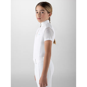 Equiline Kinder Turniershirt Giuv aus atmungsaktivem Lycra-Jersey mit Tüllärmeln, ideal für Reitturniere im Sommer 2025.