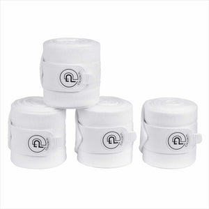 Weiße ESKADRON Platinum Bandagen aus 100% Polyester im 4er Set – perfekte Passform und Schutz für Pferdebeine bei sportlicher Belastung.