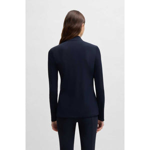 Rückansicht des dunkelblauen BOSS Equestrian Trainingsshirts für Damen, figurbetonter Schnitt und langärmliges Design für kalte Tage.