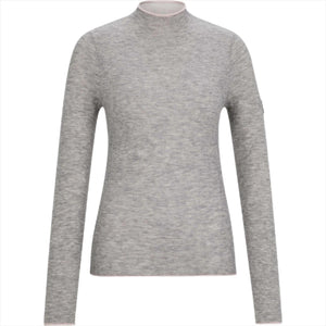 Boss Damen Rollkragenpullover May HW24 in Hellgrau. Feinstrick mit Baumwolle-Polyester-Mix, ideal für Herbst/Winter 2024. Figurbetonter Schnitt.