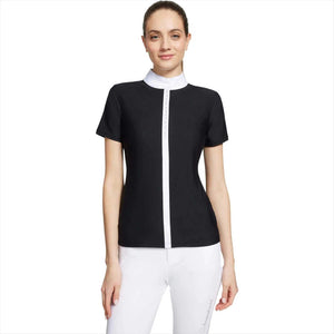 SAMSHIELD Damen Turniershirt Julia Intarsia in Schwarz mit weißen Kontrasten und Swarovski Kristallen, ideal für Sommerturniere 2024.