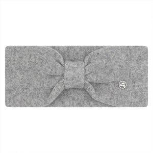 Euro-Star Stirnband Damen in Grau – luxuriöses Strick-Stirnband mit Schleifendetail und silbernem ES-Logo. Modisches Accessoire für kalte Tage.