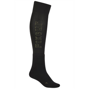 Schwarze PIKEUR Reitsocken Sports Winter-Kniestrümpfe mit goldfarbenem Logo – funktionelle Reitsocken für Damen aus der Standardkollektion.