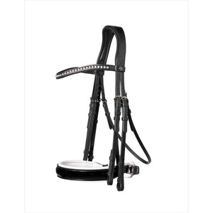 Trust Kandarenzaum Aachen Leder - Anatomisches Zaumzeug aus schwarzem Leder mit Lackdetails und Stellux-Kristallen, flach genäht.