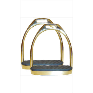 Harrys Horse Steigbügel Gold aus Edelstahl mit schwarzen Gummieinlagen, glänzendem Finish und rutschfester Trittfläche für sicheren Halt.