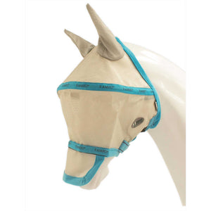 Rambo Fliegenmaske Plus mit Nasenteil UV-Schutz in Beige mit türkisfarbenem Rand. Hochwertiger Fliegenschutz für Pferde aus der Standardkollektion.