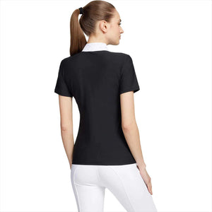 Rückansicht des schwarzen SAMSHIELD Damen Turniershirts Julia Intarsia mit weißem Kragen, atmungsaktiv und figurbetont für Reiterinnen.