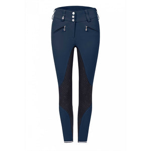 Cavallo Reithose Caja Grip in Dunkelblau mit Vollbesatz und hohem Bund. Funktionale Damenreithose, wasserabweisend und winddicht für Reitsport.