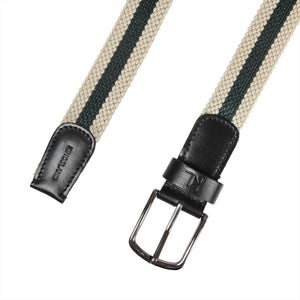 Elastischer Kingsland Gürtel Frühjahr 2025 mit grün-beiger Streifenstruktur und Lederdetails. Perfekt für Reiterinnen im Sommer 2025.