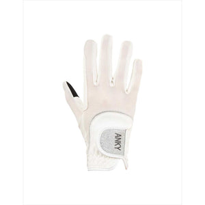Weiße Anky Reithandschuhe Mesh Glitzer mit silbernem Glitzereinsatz, ideal für Reiter dank Zügelverstärkung und perfekter Passform.