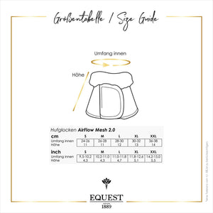 Größentabelle für Equest Hufglocken Airflow Mesh – Übersicht zu Umfang und Höhe für perfekte Passform bei Pferden.