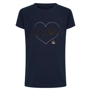 Imperial Riding Shirt Kids - Sommer T-Shirt in Dunkelblau mit Strassherz und Handmotiv, ideal für Kinder im Sommer 2024.