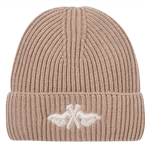 HV Polo Beanie Nada in Beige, gerippte Strickmütze mit Logo-Stickerei, ideale Kopfbedeckung für Reiter im Winter 2026.