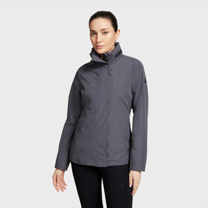 SAMSHIELD Regenjacke Elise für Damen in Dunkelgrau, wasser- und winddicht mit abnehmbarer Kapuze, ideal für Reiterinnen im Sommer.