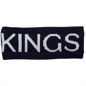 Kingsland KLMarion Strickstirnband in Dunkelblau mit großem weißen Schriftzug. Winter Accessoire aus gerippter Wollmischung mit Fleece-Futter.