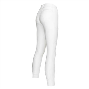 Weiße Kingsland Reithose für Damen mit Fullgrip-Sitzfläche, Seitentasche und atmungsaktivem Stretchstoff – perfekt für warme Reittage.
