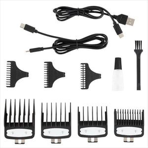 Zubehörset der Premiere Schermaschine Merlin Duo mit Aufsätzen, USB-Kabeln, Öl und Reinigungsbürste für professionelle Pferdepflege.