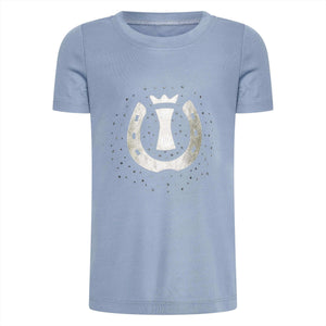 Blaues Imperial Riding Kinder Top mit glitzerndem Hufeisen-Motiv und Krone. Modisches T-Shirt für Kinder, ideal für Reiter und Sommer-Outfits.