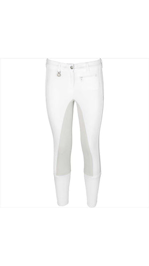Weiße Pikeur Lucinda Turnierreithose mit elastischem Material und Reißverschlusstasche. Perfekt für Turniere und komfortables Reiten.