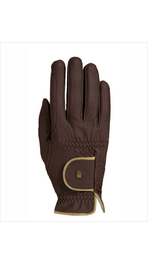 Roeckl Sommer Reithandschuhe Lona in Braun mit goldfarbenem Rand. Komfortable Handschuhe für den Reitsport im Sommer.