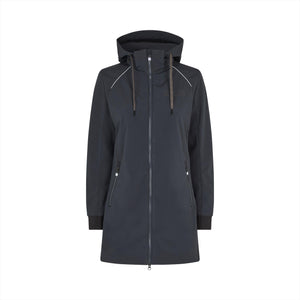 Kingsland Softshell Parka Damen in Dunkelblau mit Kapuze, Zwei-Wege-Reißverschluss und reflektierenden Details. Atmungsaktiv und wasserabweisend – ideal für Frühling und Sommer.