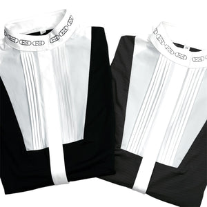 Zwei Estrelle Crystal Turniershirts mit Kristallketten-Design, in Schwarz und Grau, UV-Schutz, schnelltrocknend, perfekt für Turnierbekleidung.