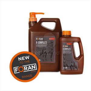 FORAN EQUINE B-Complete Präbiotikum - Vitamine für Pferde in braunen 1l- und 2,5l-Kanistern mit Dosierkappe, ideal als Zusatzfutter bei Stress.