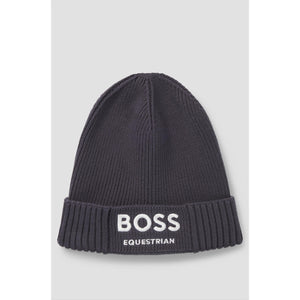 BOSS Equestrian Mütze - Strickmütze Equestrian in Dunkelgrau mit Umschlag und weißem Logo-Stick, ideal für Herren im Winter 2026.