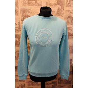 Equiline Kinder Sweatshirt aus der Glamour Kollektion in Hellblau mit Rundhalsausschnitt und Strass-Logo für stilvolle Reiterbekleidung.