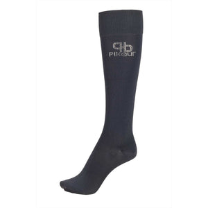 Pikeur Reitsocken 5730 in Dunkelblau mit Glitzerschriftzug, atmungsaktive Kniestrümpfe aus Kompressionsmaterial für Damen.