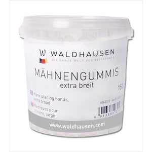 Weiße Verpackung der Waldhausen Mähnengummis extra breit, 150g – elastische, farbbrillante Silikon-Gummis für Pferdepflege und Einflechten.