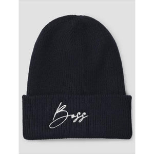 Schwarze BOSS Equestrian Wintermütze mit weißem Logo-Stick und Umschlag. Hochwertiges Accessoire aus Polyester für die kalte Jahreszeit.