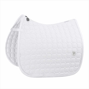 Weiße Eskadron Schabracke Cotton Glitter aus der Platinum Kollektion mit glänzender Baumwolloberfläche und ergonomischer Passform für Dressursättel.