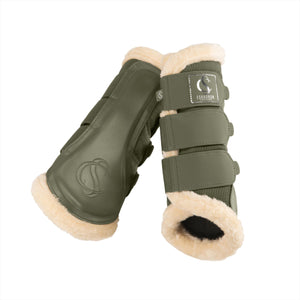 Eskadron Gamaschen Fauxfur in Olivgrün mit stabilem Streichschutz und luftdurchlässigem Mesh. Ideal für Pferdeschutz 2025.