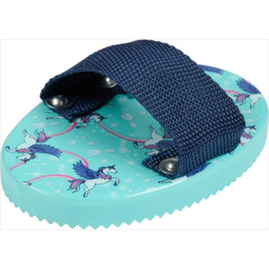 Kinderstriegel Pferd in Aruba Blue mit Einhorn-Motiv und dunkelblauem Gurtband. Ideal zum Entfernen von Felldreck bei Pferden für Kinderhände.